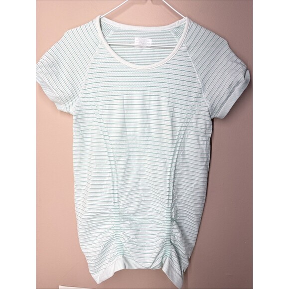 Athleta Tops - Athleta Fast Track M Top Blue Ruched Short Sleeve Activewear Gripper Hem